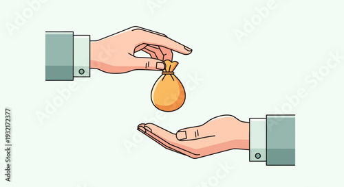 Hand giving money bag to another hand illustration in cartoon style on light background depicting financial transaction and transfer