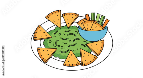 Guacamole dip with tortilla chips and vegetable sticks on a plate vector illustration of a Mexican snack appetizers and party food