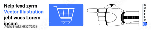 Artificial intelligence, e-commerce, modern shopping, futurism, robotics technology, online retail services. Robotic hand pointing and shopping cart icon on a label. E-commerce and futurism concept