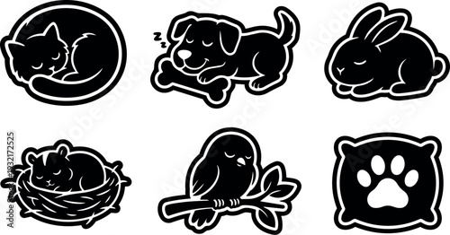 Flat design pet cute sticker set close up cat dog rabbit bird paw print icons black outline on white background