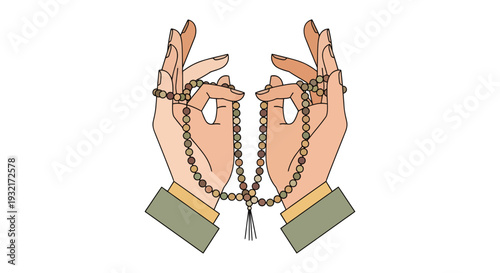 Hands holding mala beads illustration in vector art style; spiritual meditative and peaceful design ideal for wellness content