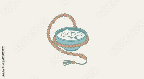 Illustration of a Bowl with Rocks Floating in Liquid Surrounded by Prayer Beads in Soft Pastel Color Palette