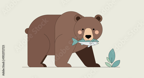 Illustration of a brown bear with a fish in its mouth standing near green plants on a beige background in a vector style image