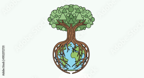 Illustration of a geometric tree with roots wrapping around the Earth symbolizing ecology and environmental protection nature conservation design