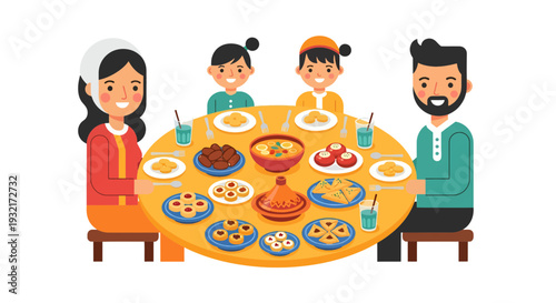 Illustration of a family of four enjoying a traditional meal together colorful vector art for cultural and festive occasions