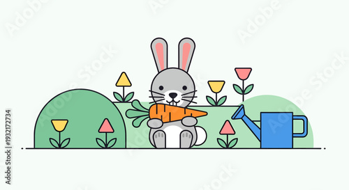 Illustration of a charming gray bunny in a garden happily holding a fresh carrot with vibrant tulips and a watering can