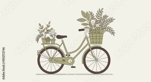 Illustration of a green vintage bicycle with a basket full of plants and flowers featuring clean vector graphics on an off-white backdrop