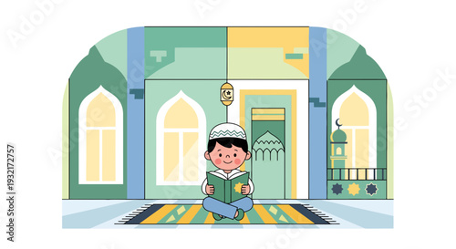 Illustration of a muslim boy reading Quran in mosque during Ramadan with traditional lanterns and geometric pattern carpet