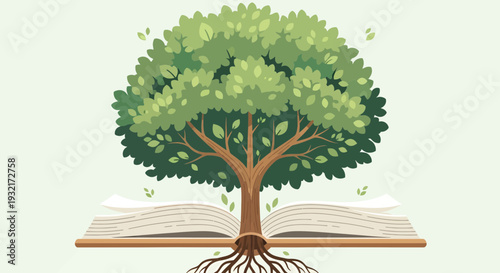 Illustration of a Lush Green Tree Growing Out of an Open Book Symbolizing Knowledge Growth and the Power of Education in a Digital Art Style