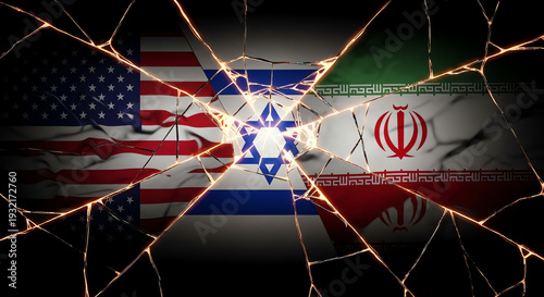 Tension between USA Israel and Iran flags on cracked glass.