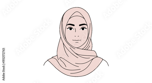 Illustration of a Muslim woman wearing a hijab with a soft pink color palette outlined in black set against a plain white backdrop