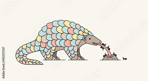 Illustration of a pangolin eating ants with its long tongue showing pastel scales and simple outlines in a wildlife concept vector style