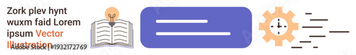 Knowledge sharing, creative ideas, workflow management, innovation processes, productivity, time management. Open book with lightbulb, textbox gear with clock and motion lines. Knowledge sharing