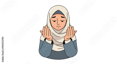 Illustration of a woman in hijab praying with hands raised expressing devotion in a modern vector art style on a clean white background