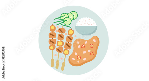 Illustration of Chicken Satay Skewers with Rice Cucumber and Peanut Sauce on a Plate in Vector Art Style