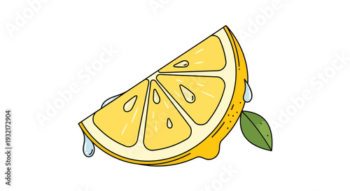 Juicy lemon wedge illustration with refreshing droplets bright yellow color and a small leaf; a refreshing citrus element for summer designs