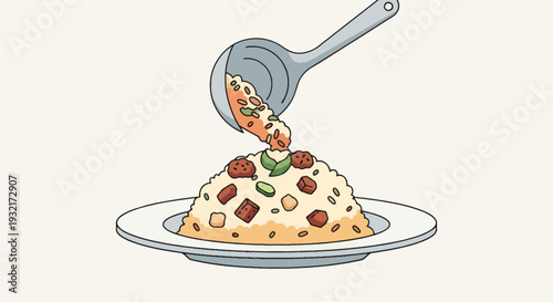 Ladle pouring flavorful fried rice with vegetables and meat onto a white plate cartoon illustration for culinary and food presentation use