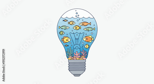 Lightbulb aquatic ecosystem illustration featuring various fish coral and bubbles in vibrant colors in a creative concept design
