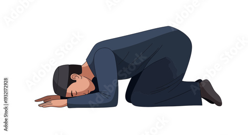 Man in Islamic prayer pose stylized vector art dark blue clothing hands forward kneeling posture Muslim faith religious tradition isolated illustration
