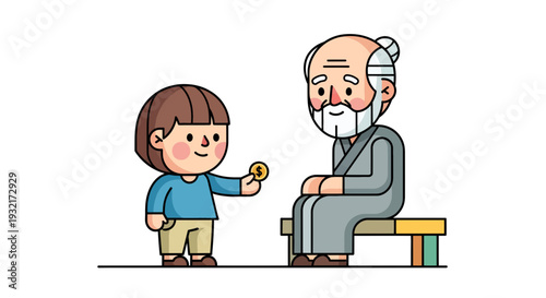 Little boy giving golden coin to elderly man sitting on bench in cute cartoon style illustration donation and generosity concept isolated on white