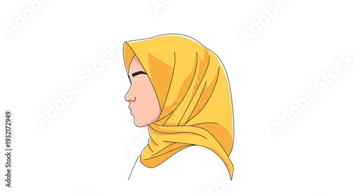 Minimalist illustration of a woman in a yellow hijab single continuous line drawing style on a white background modern design concept
