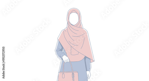 Minimalist illustration of a woman wearing a hijab and carrying a purse featuring soft pastel colors and clean vector style perfect for lifestyle content