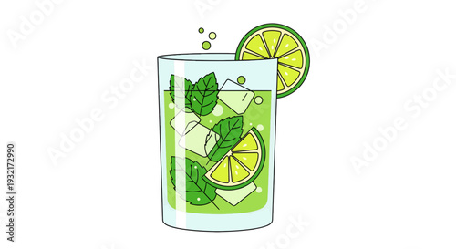 Mojito cocktail in a glass with lime slices mint leaves and ice cubes simple cartoon style vibrant green beverage for refreshment