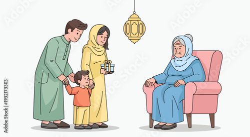 Muslim family visiting grandmother with gift during Eid vector illustration in cartoon style featuring traditional clothing and hanging lantern