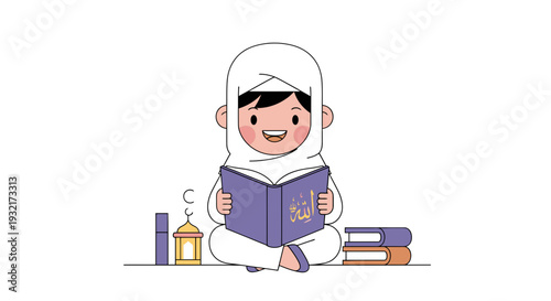Muslim girl reading holy Quran book in cartoon vector illustration; religious education Islam Ramadan eid flat design