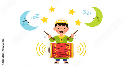 Muslim kid playing traditional Ramadan drum with cartoon crescent moons and stars illustration in vector format against white background