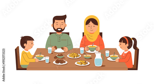 Muslim family sharing iftar meal during Ramadan illustration in cartoon style featuring a father mother son and daughter at a table