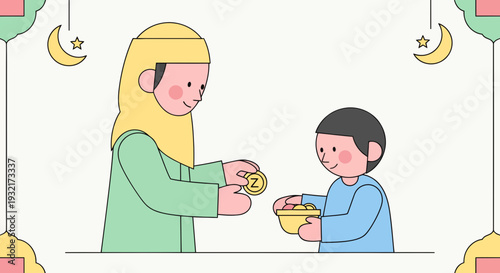 Muslim woman donating zakat to a young boy in cartoon style; giving alms as a religious duty in Islam during Ramadan; charity vector