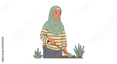 Muslim woman gardener digging soil with trowel for planting in garden wearing hijab and striped shirt; vector illustration