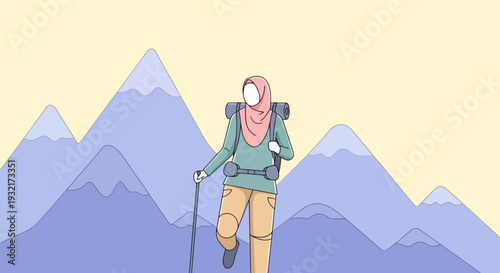 Muslim woman hiker with pink hijab and backpack trekking through blue mountain range illustration style adventure and outdoor lifestyle concept