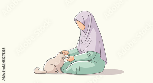 Muslim woman in hijab petting a cute fluffy cat in a cartoon illustration style soft pastel color palette creating a warm and tender moment