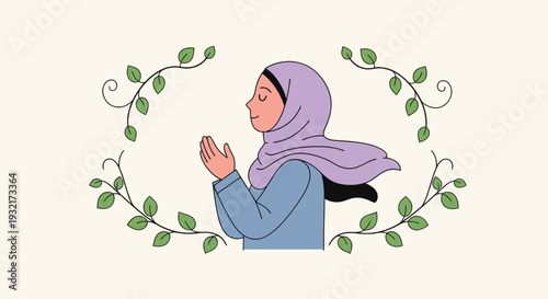 Muslim woman in hijab praying surrounded by decorative vines illustration; religion; spirituality; faith; culture; worship