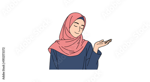 Muslim woman with hijab gesturing presenting vector illustration; modest fashion presentation; Islamic modern artwork; digital modesty design