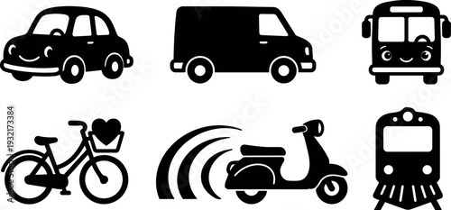 Flat icon set vehicle glyphs up car van bus bicycle scooter train transportation simple black silhouettes side view minimalist vector