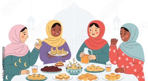 Muslim women enjoying iftar meal with traditional Middle Eastern sweets during Ramadan in vector illustration style