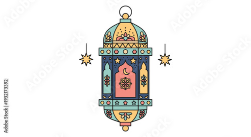 Ornate decorative lantern illustration with star and moon details evoking Ramadan and Eid celebrations in vibrant teal and pink hues