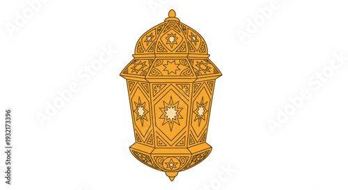 Ornate golden lantern illustration featuring intricate star patterns Middle Eastern design elements and festive Ramadan Mubarak theme