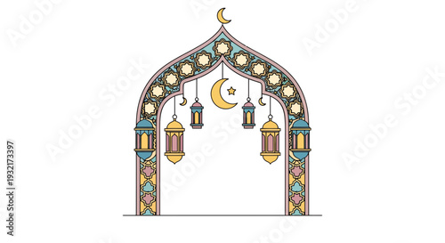 Ornate Islamic archway entrance with hanging lanterns crescent moon and stars colorful vector design for Ramadan and Eid celebrations