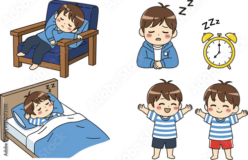 Cute Boy Sleeping and Waking Up Illustration Set with Bed, Alarm Clock, and Daily Routine Moments for Kids Lifestyle and Education Design