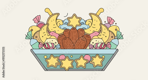 Ramadan Kareem illustration featuring dates crescent moon cookies star sweets and assorted candies in a decorative bowl