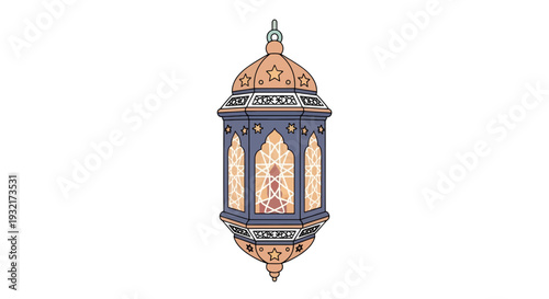 Ramadan lantern illustration with geometric mosaic pattern glowing light and star details for Islamic holiday designs and festive celebration