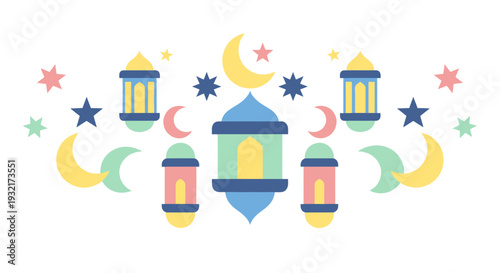 Ramadan lanterns and crescent moons vector illustration in pastel colors for Islamic holiday decorations and greeting cards designs