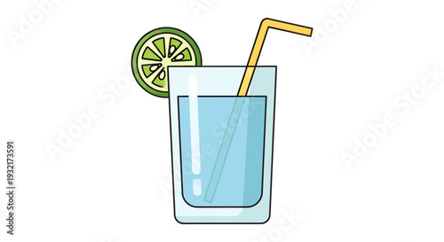 Refreshing drink illustration of sparkling water with lime garnish and yellow straw in a transparent glass; vector art isolated for creative designs