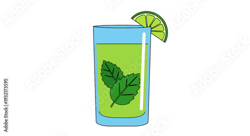 Refreshing green mojito cocktail in a glass with lime wedge garnish mint leaves light blue background offering a cool and vibrant beverage