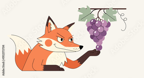 Sly fox eyeing a bunch of juicy purple grapes hanging from a vine cartoon style illustration for children's storybook about fable