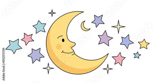 Smiling crescent moon with whimsical stars illustration in pastel colors cartoon style celestial design for children's decor and fairytale themes